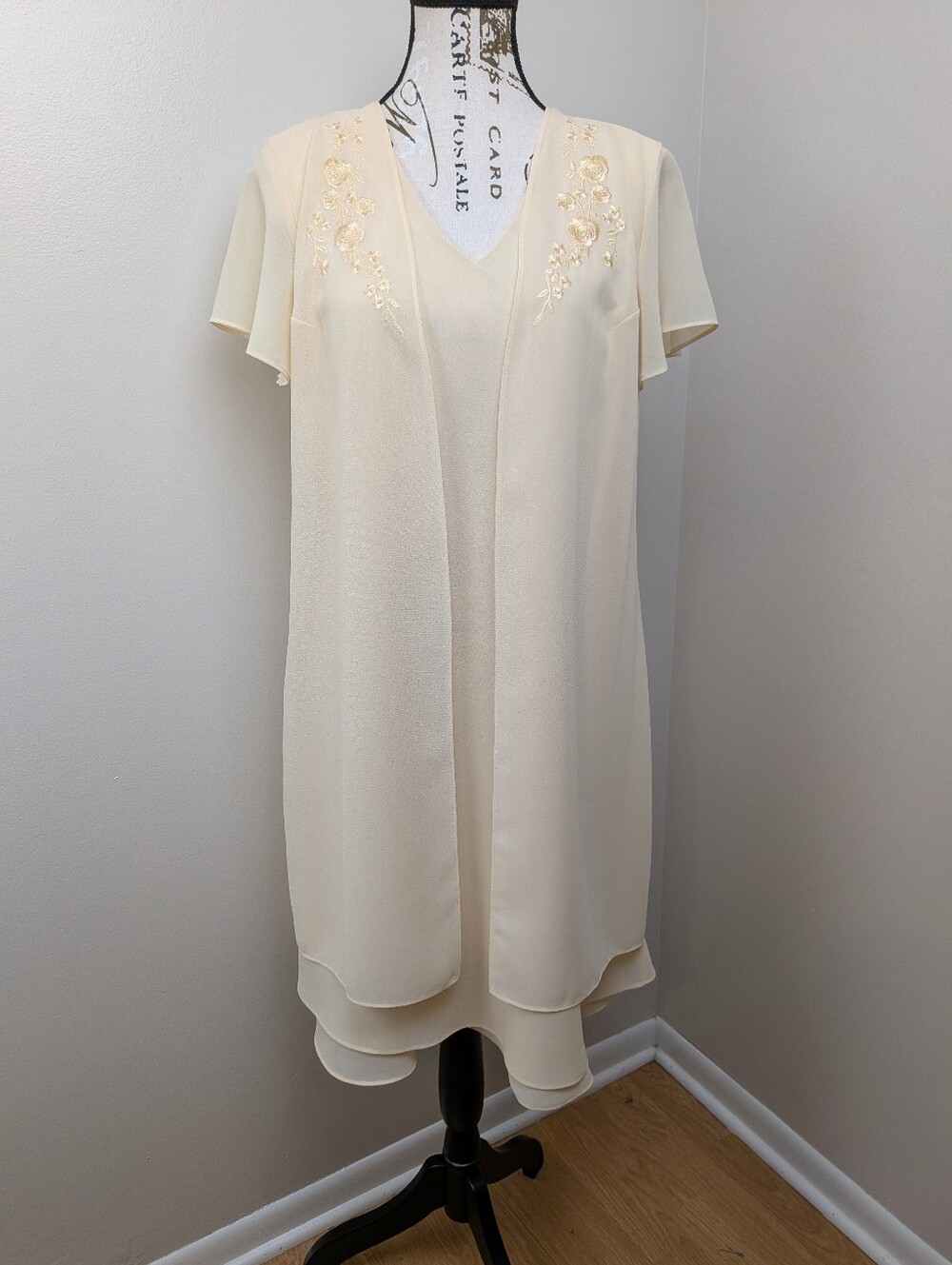 Just In Thyme Light Yellow Cream Chiffon Embroidered Dress 12P Wedding Formal